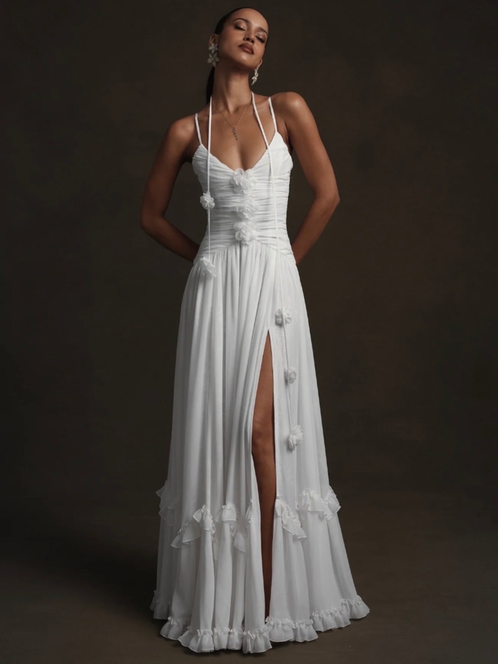 V. Chapman White Spaghetti-Strap Ruffled Wedding Gown